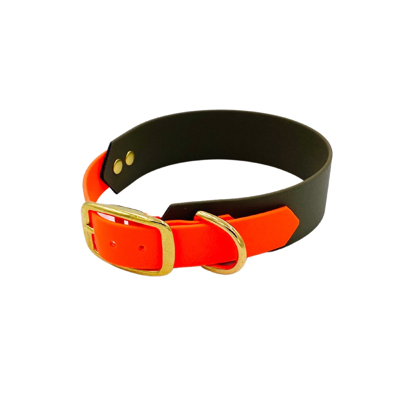 Hondenhalsband speciaal voor windhonden gemaakt van Biothane in olijfgroen en neon oranje